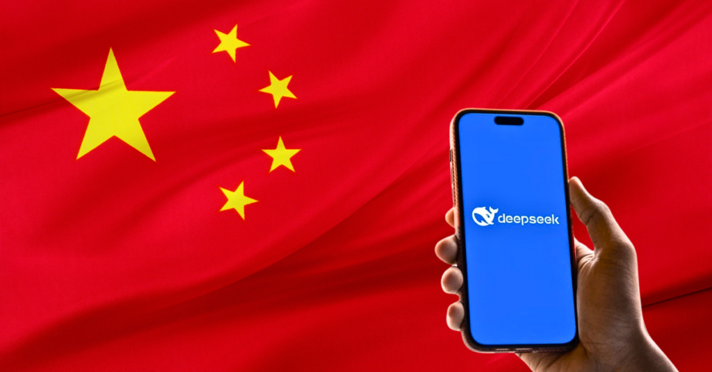 Deepseek logo and the Chinese flag are seen in this illustration