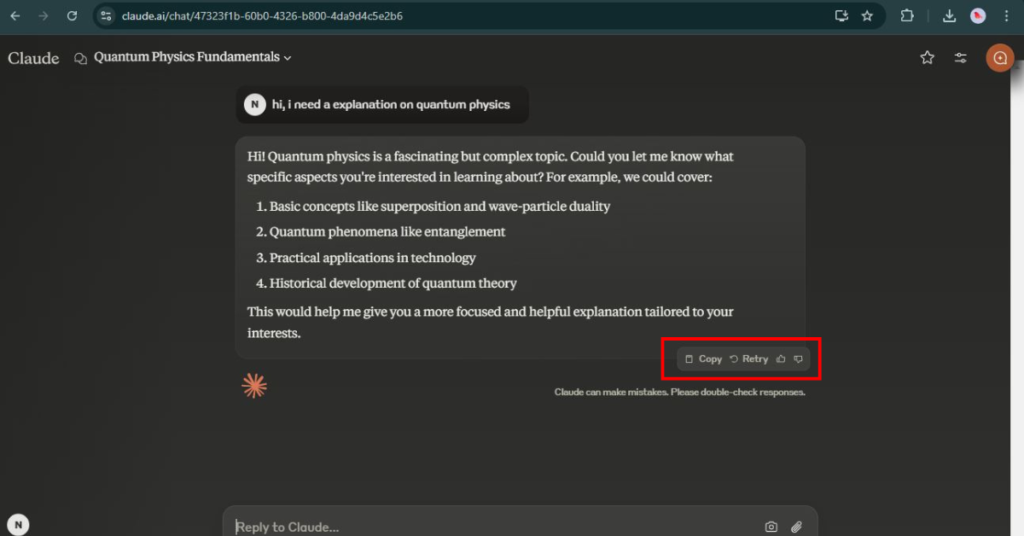 Claude AI answering a prompt - explaining quantum physics