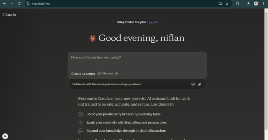Opening Interface of Claude AI